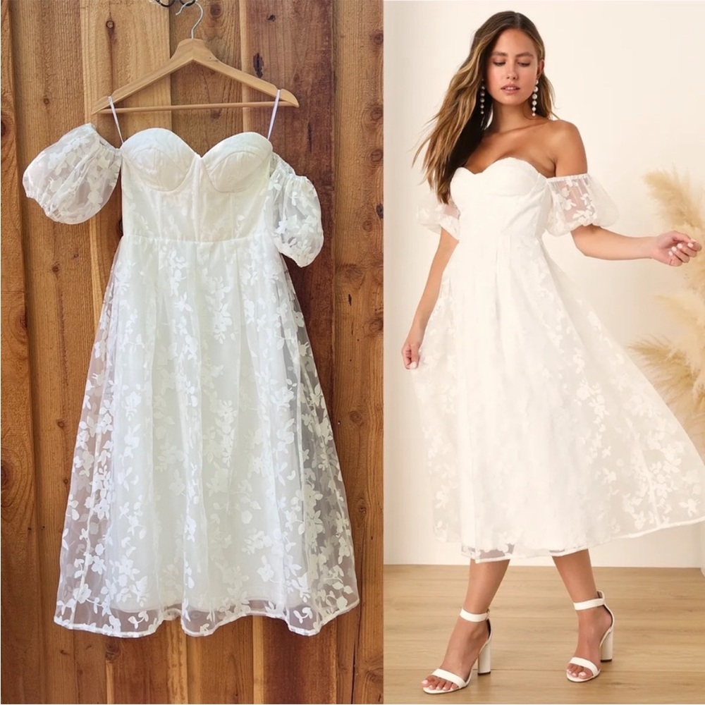 White Off-Shoulder Floral Lace Midi Dress
